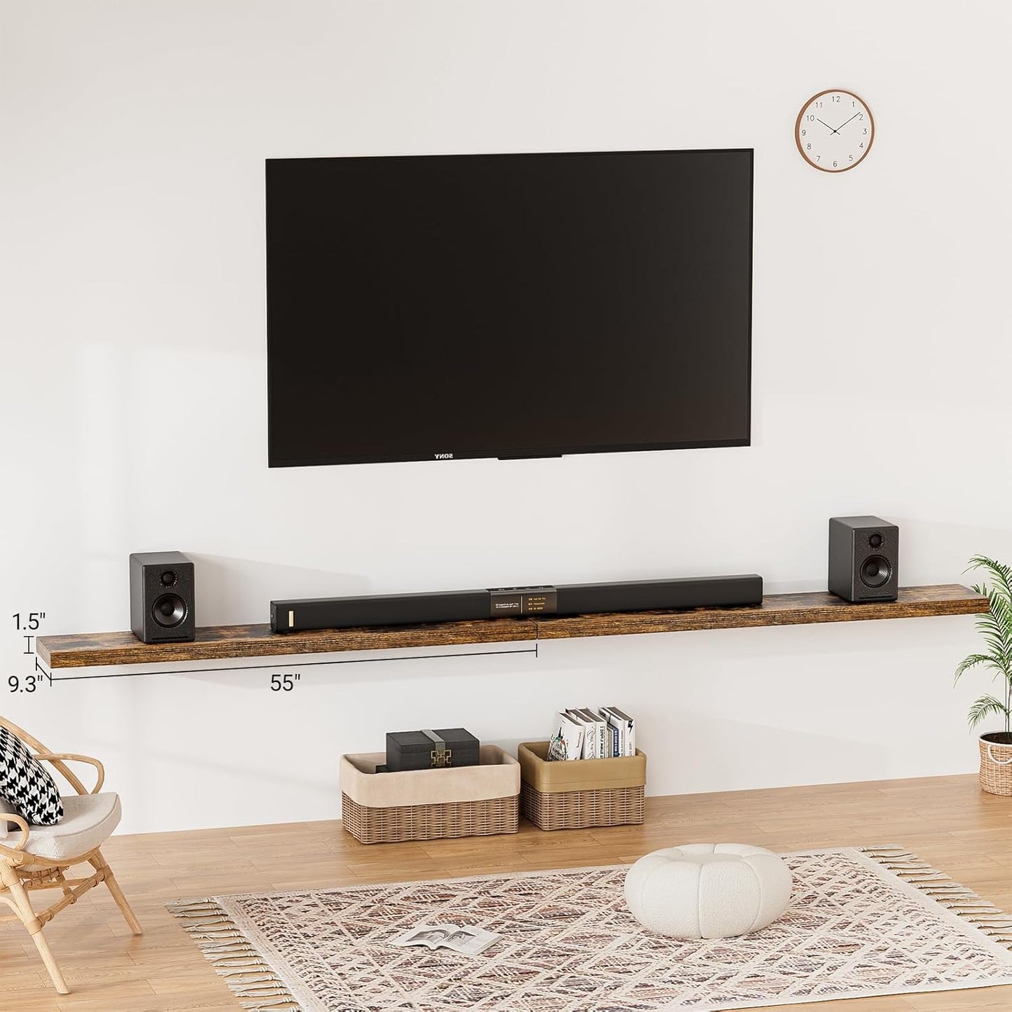 Heimlove 55 Inch Long Floating Shelves for Wall,9.3" Deep Rustic Brown Floating Shelf Set of 2,Large Display Shelf & Storage Shelf,Wall Mounted Shelves for Bedroom Living Room Kitchen Office