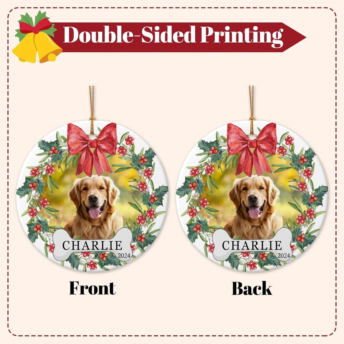 Personalized Dog Photo Ornament 2025 Custom Pet Cat Picture Name Ornaments for Christmas Tree,Dog 1st Christmas Ornament Gift, Double-Sided Ceramic Customized Xmas Ornament