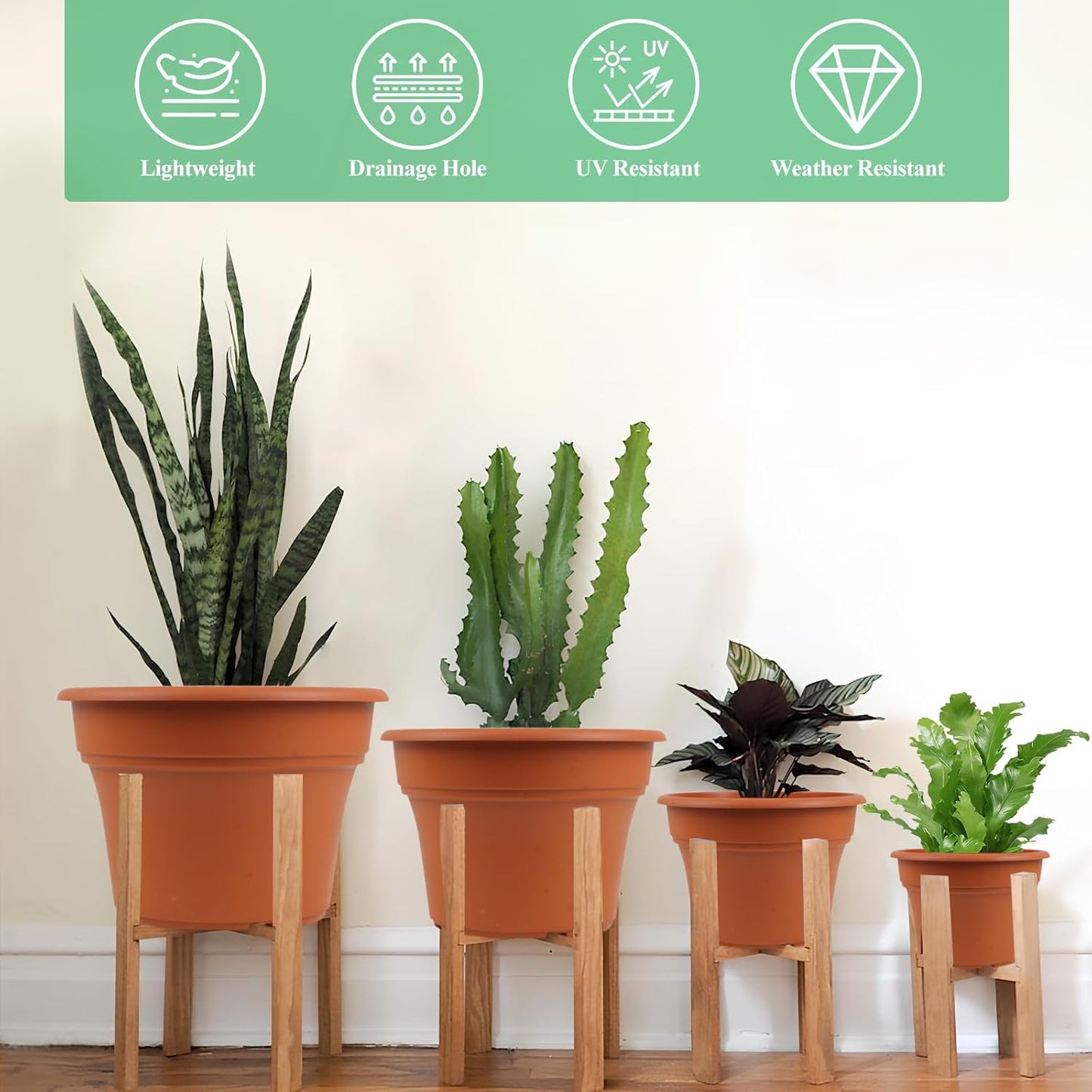 11 Inch Plastic-Flower-Pot-for-Indoor-Plants, 4 Pack Large Outdoor Planter Pot with Drainage Holes & Saucers, Resin Decorative Garden Pots Planters