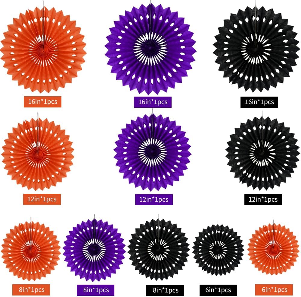 BEISHIDA Black Orange Purple Hanging Honeycomb Round Paper Fans Decoration Set for New Year Baby Shower Halloween Birthday Wedding Photo Booth Backdrops Anniversary Paper Party Supplies 11packs