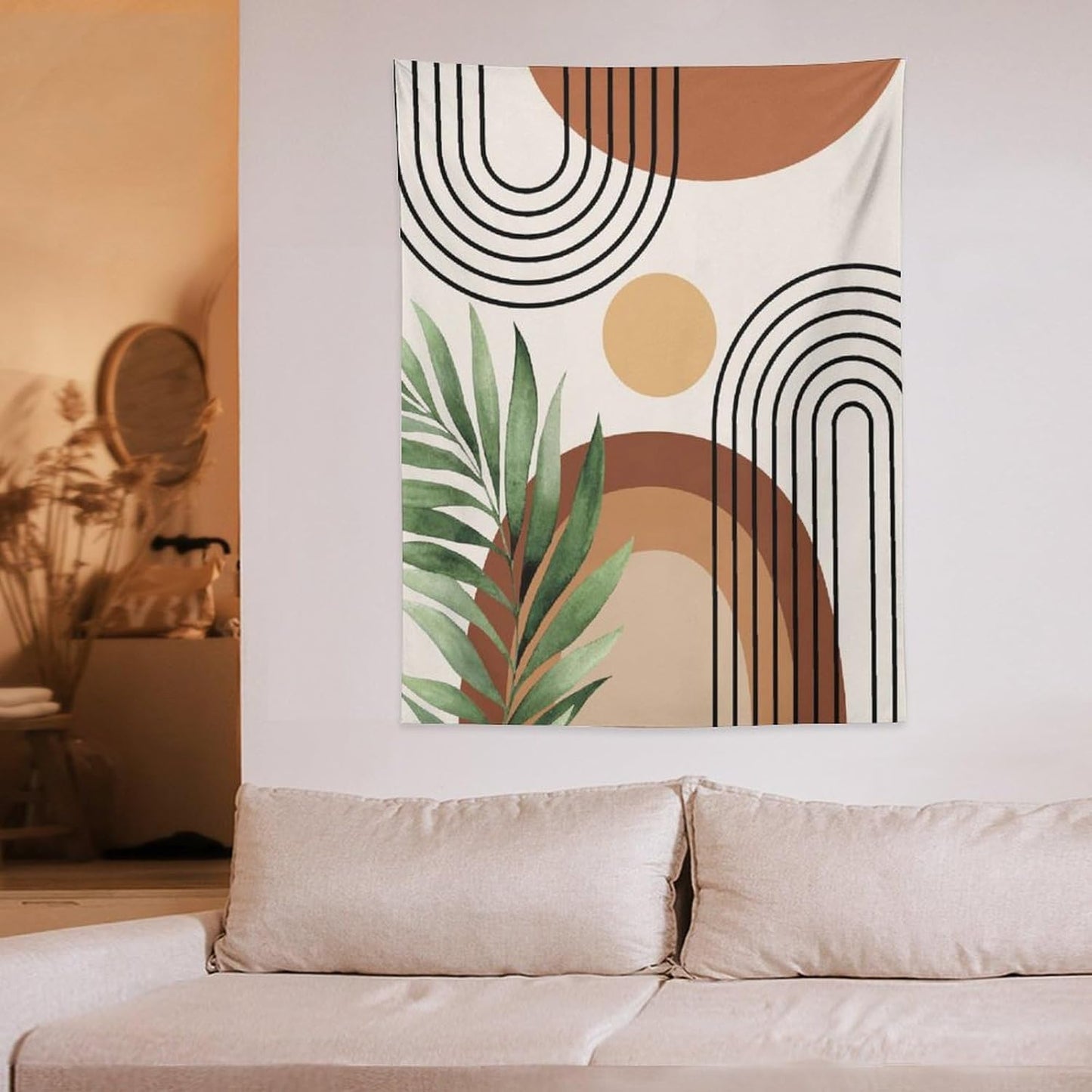 Abstract Bohemian Mid Century Tapestry, Tropical Leaves Modern Geometric Archway Minimalist Bohemian Botanical Aesthetic Wall Hanging, Sage Green Gold Home Decor Art for Bedroom 60x60 Inch