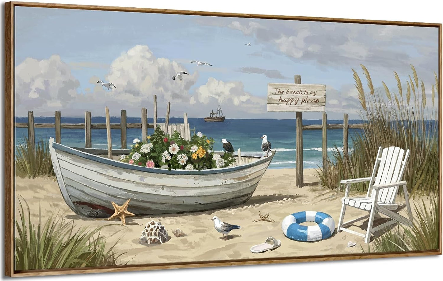 amatop Large Framed Wall Art for Living Room Nautical Beach Canvas Print Blue Flower Boat on Sandy Shore Ocean Seaside Landscape Coastal Artwork with Sea Birds Rustic Bedroom Office Home Decor 48×24 Inch
