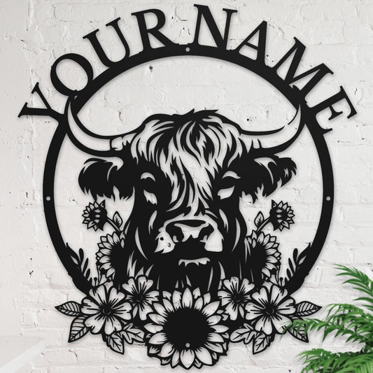 Personalized Highland Cow Name metal Signs,Custom Highland Cow Metal Shed Wall Decor,Black Metal Wall Art Plaques Outdoor wall Decorative Signage (Style H)