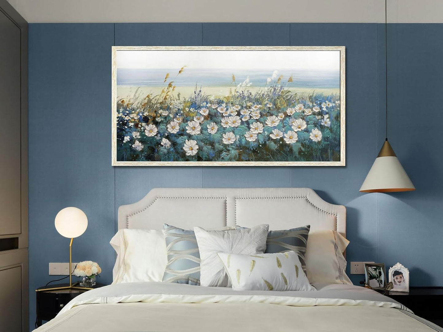 Arjun Flowers Wall Art Canvas White Daisy Floral Painting Blue Coastal Landscape Picture Modern Artwork for Living Room Bedroom Bathroom Dinning Room Office Home Wall Decor Large Framed 40"x20"