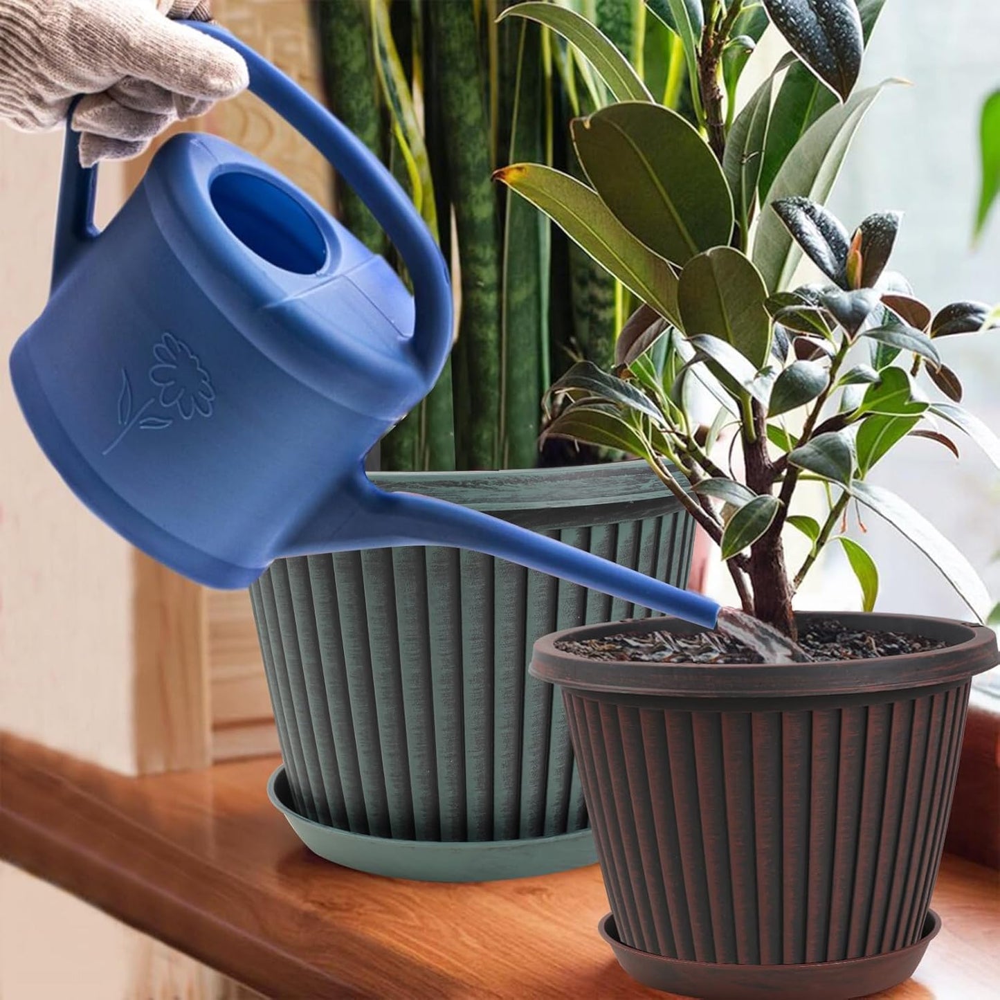 12 inch Plant Pots Indoor Outdoor, 4 Pack Large Planter, Plastic Flower Pots with Saucer and Drainage Holes, Modern Decorative Resin Garden Pots for House Plants