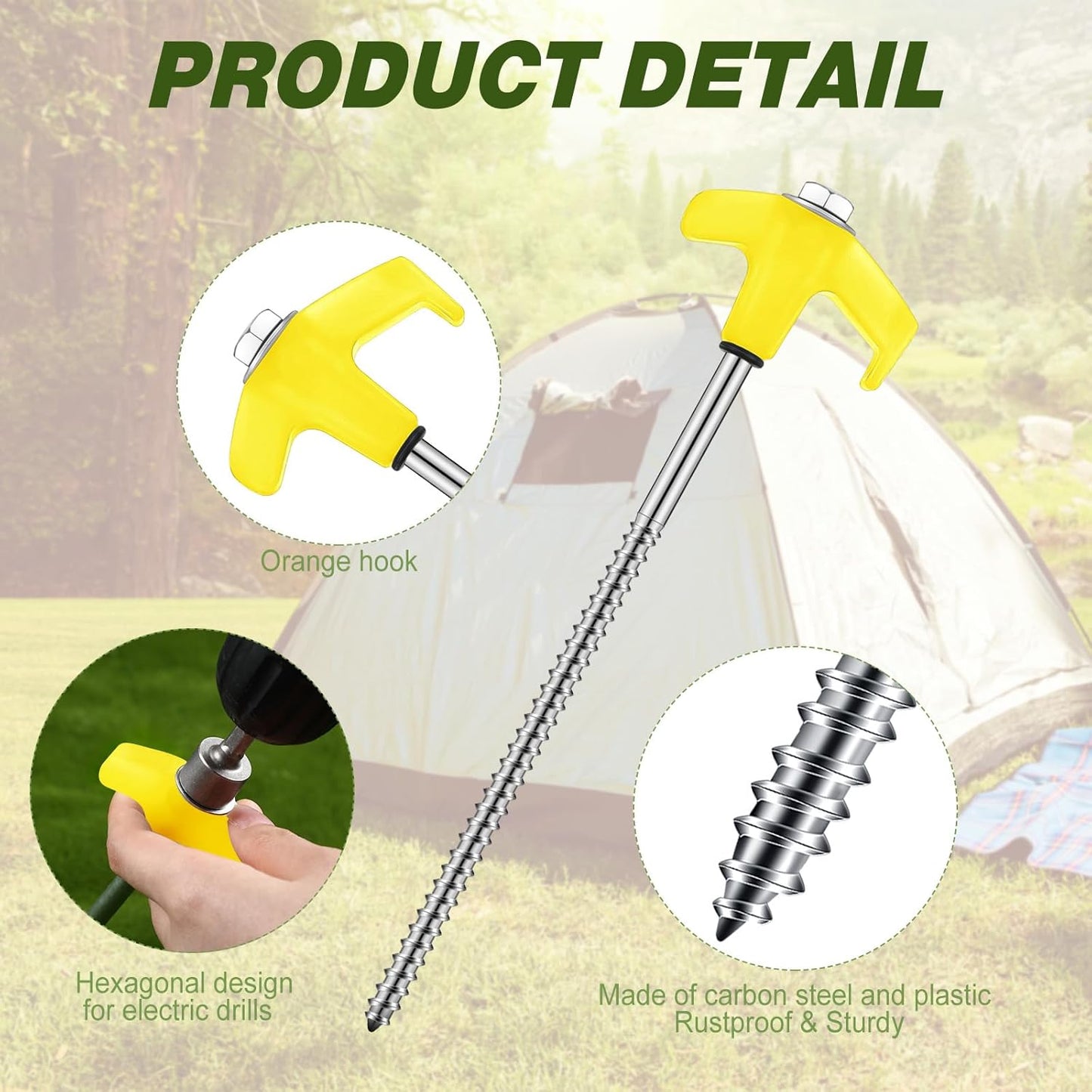 Hicarer 20 Pcs 20 Pcs 8'' Screw in Tent Stakes Heavy Duty Ground Metal Stakes for Inflatables with Hex Head Driver for Outdoor Camping Tent Inflatable Garden Decor (Yellow)