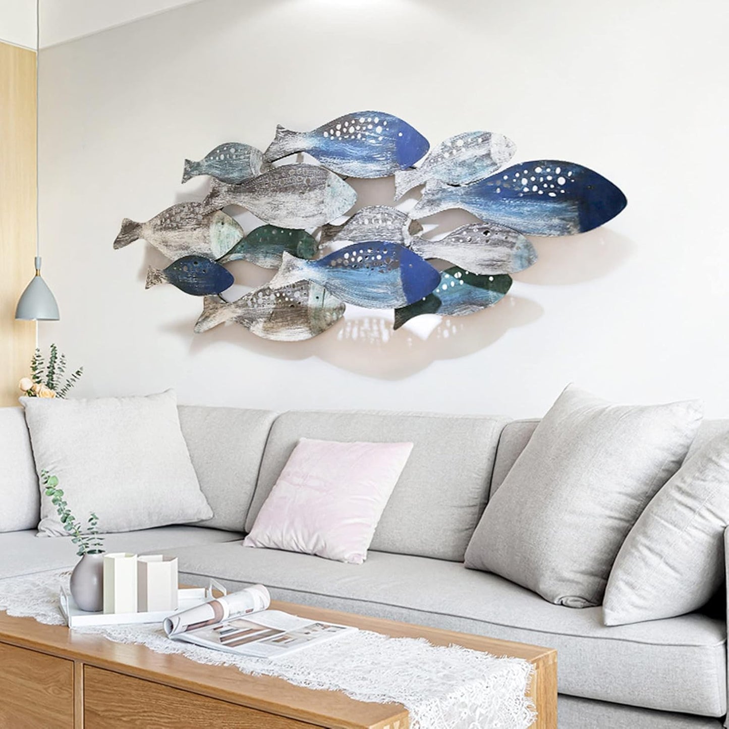 FMXYMC Coastal Ocean Metal 3D Fish Wall Sculpture, 50" x 20", Hand Painted Hanging Decoration for Living Room/Bedroom/Dining Room