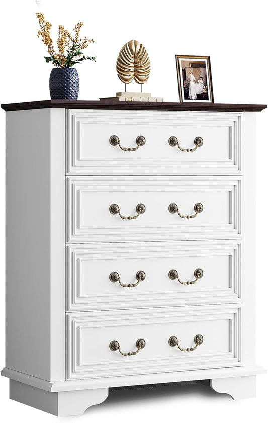 WLIVE Farmhouse Dresser for Bedroom, Tall Wood Dresser with 4 Drawers, Chest of Drawers with Roman Metal Handle for Living Room, Hallway, Closet, White