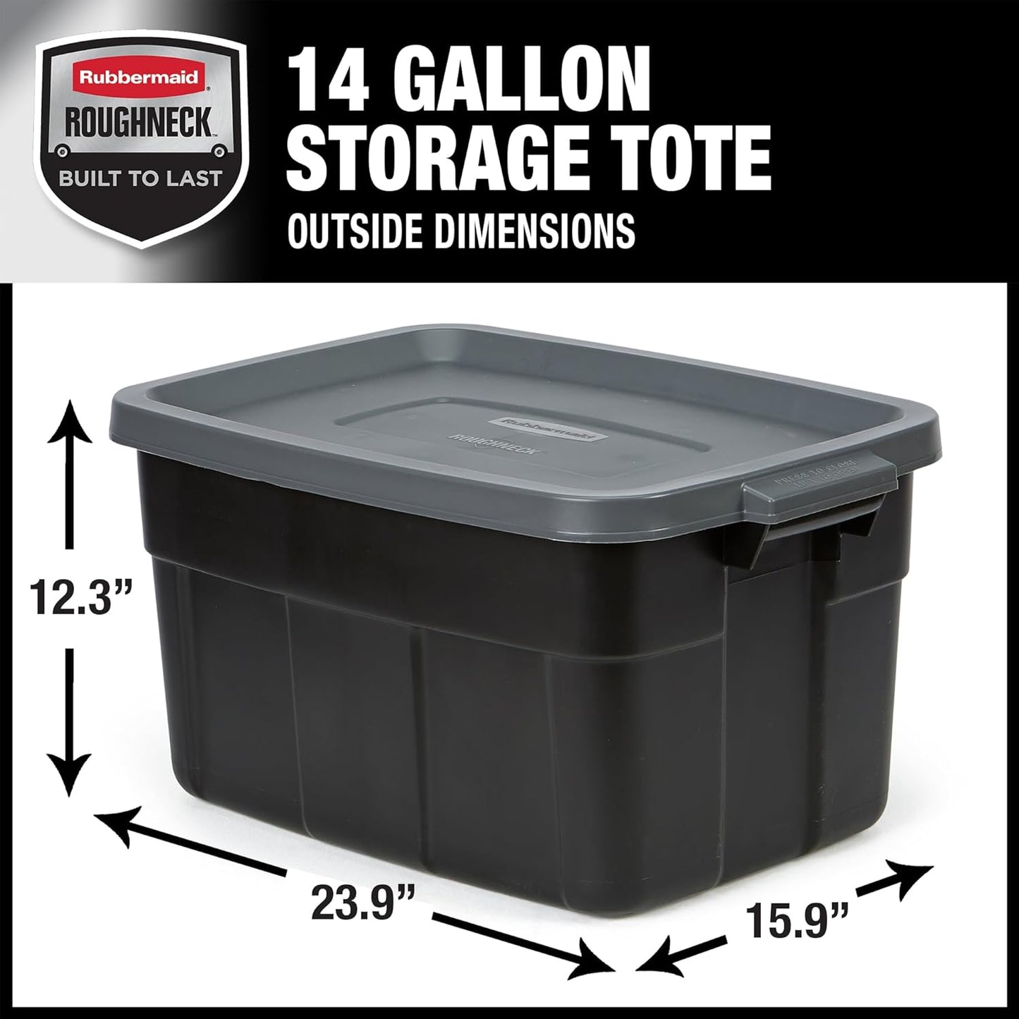 Rubbermaid Roughneck Tote 14 Gal, 6 Pack, Made in USA, Black & Gray, Rugged Plastic Stackable Storage Bins with Lids and Handles