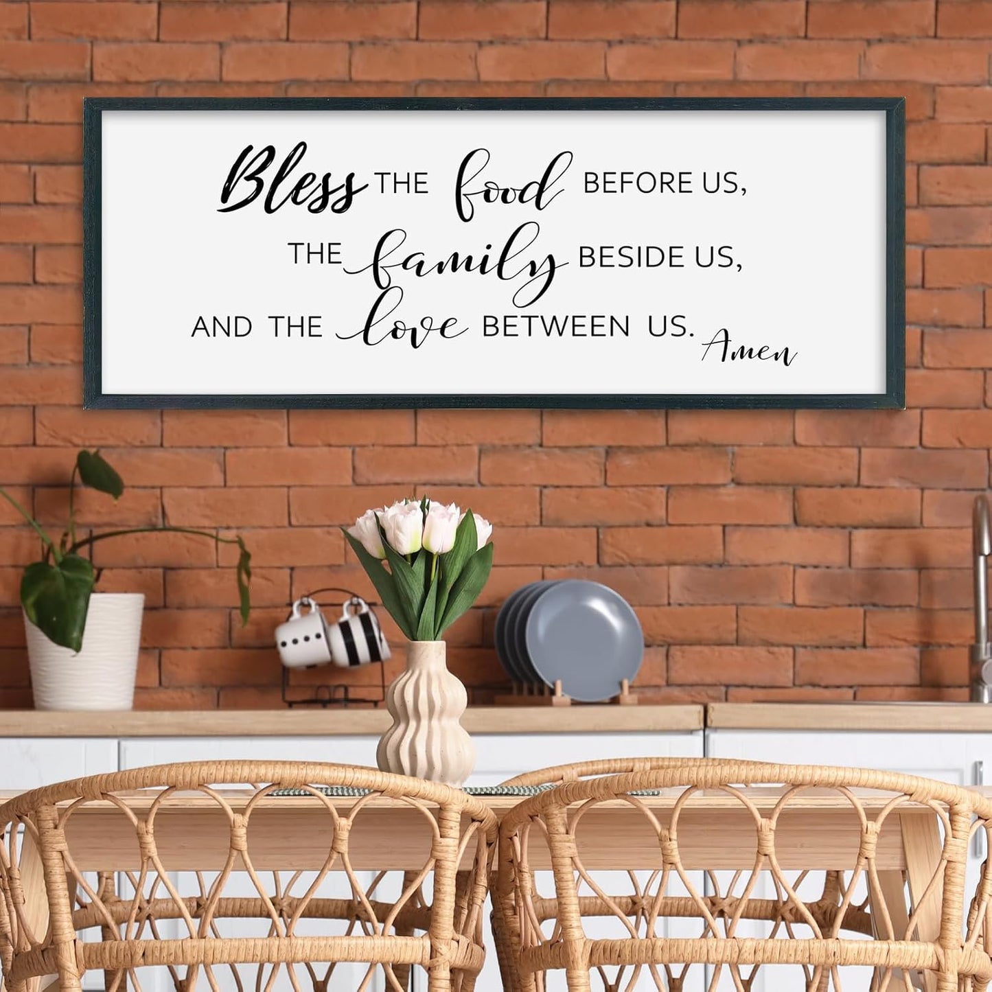 SRSZHIYUE Bless the Food Before Us Wall Sign Decor 32"×12" Christian Bible Verse for Farmhouse Rustic Kitchen Dining Room Framed Wood Scripture Religious Jesus Prayer Wall Art (Black)