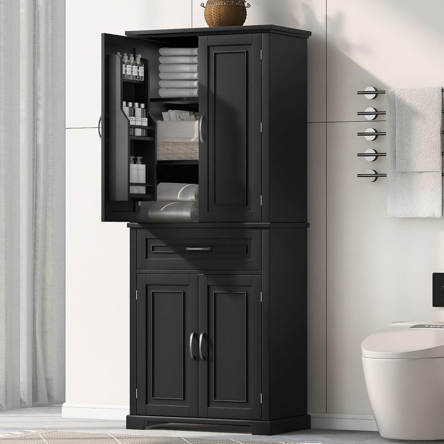 72.2" Tall Storage Cabinet with 4 Doors and Drawer, Freestanding Linen Cabinet, Wooden Pantry with Adjustable Shelf for Kitchen, Bathroom, Living Room Black