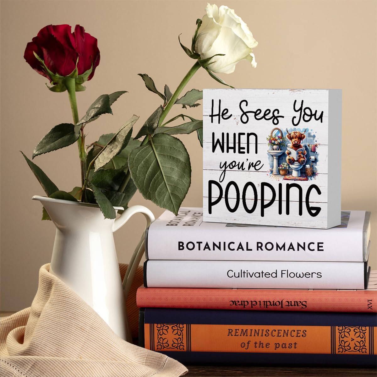 Funny Highland Cow Decor Memorial Day Fourth of July Independence Day Decorations Red White and Blue Decor, Rustic Farmhouse Home Office Wooden Box Sign for Bathroom - He Sees You When You're Pooping