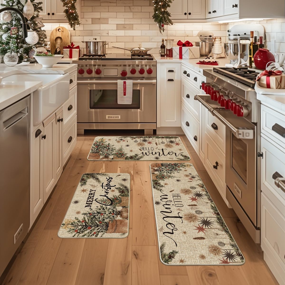 Artoid Mode Holly Ornament Merry Christmas Kitchen Mats Set of 2, Winter Home Decor Low-Profile Kitchen Rugs for Floor - 17"x29"+17"x36"+17"x47"