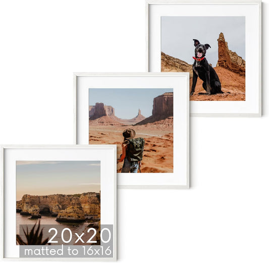 HAUS AND HUES Solid Oak Wood 20”x20” Picture Frames Matted to 16”x16” Set of 3-3 Piece White Square Frames, 20x20 White Picture Frames for Wall, White Frames 20 x 20, Gallery Wall Frame Set