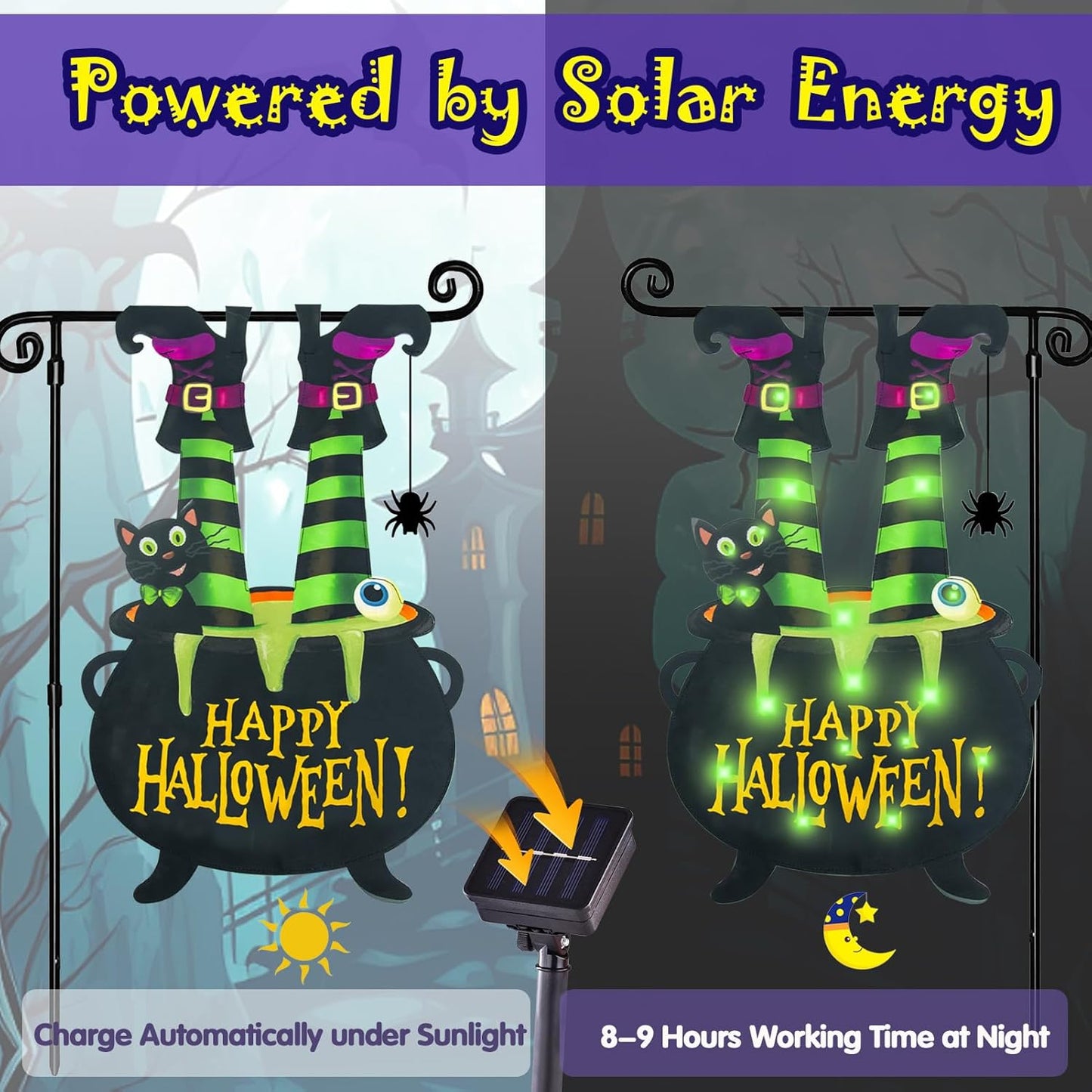 Halloween Lighted Garden Flag for Outside, Witch Feet Shape Flag Yard Decor, 8 Modes Double Sided Cauldron Eyeball Black Cat Outdoor Hlloween Decorations for Home Porch (Green-28x40)