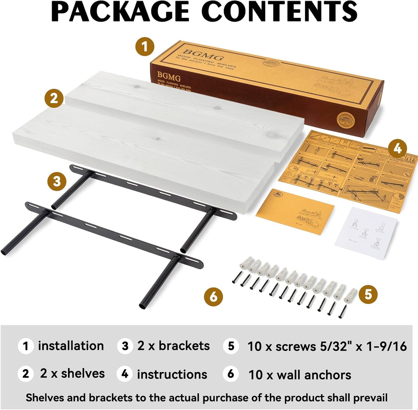 BGMG Wood Floating Shelves 16 inch Set of 2, Rustic Wooden Wall Mount Shelves for Bathroom Living Room Bedroom Kitchen Farmhouse -16x 6.7 x1.25 inch- White