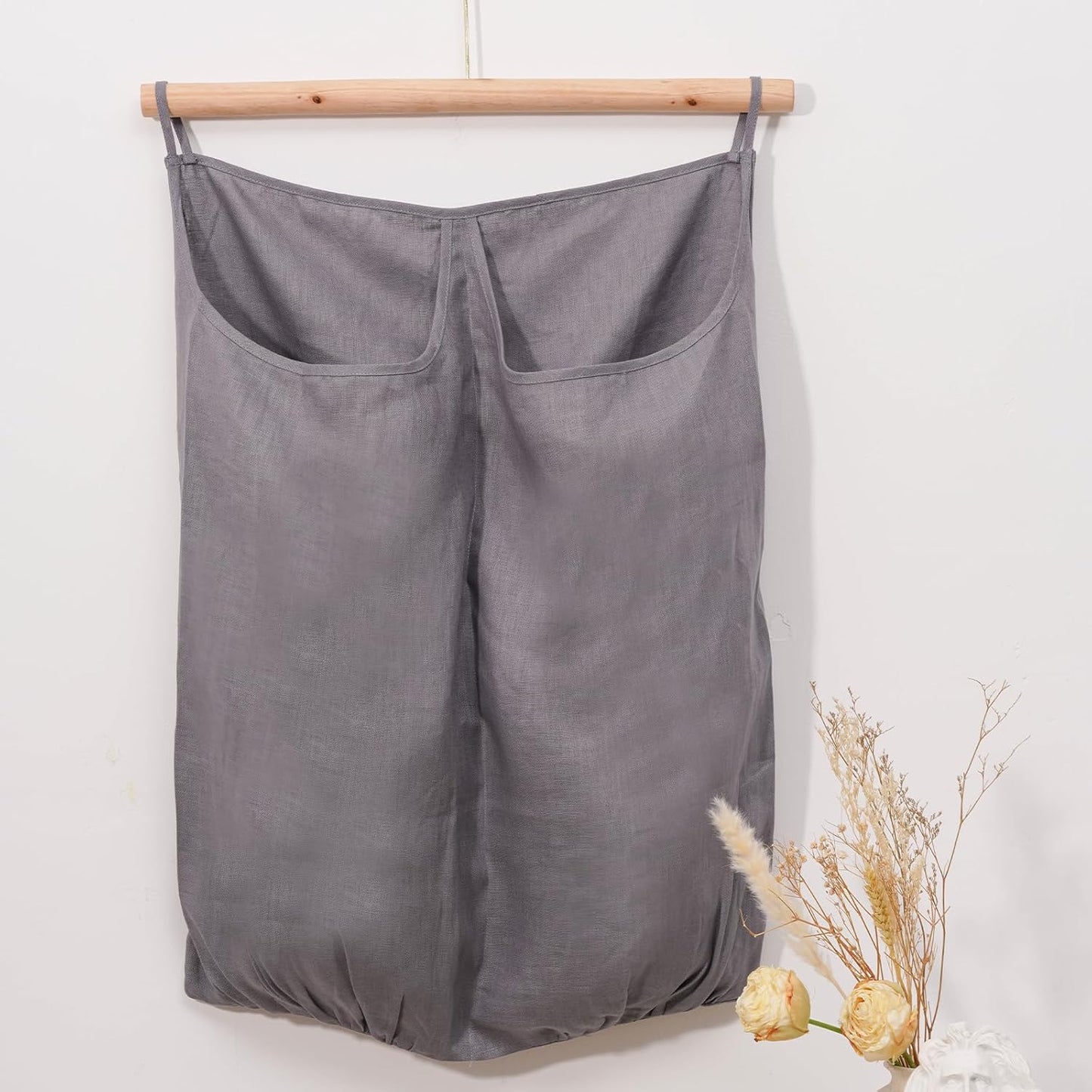 100% Pure Linen Dual Hanging Laundry Bag with 2 Deep Pocket and 2 Side Zipper 20x27in, Over The Door Laundry Hamper Space Saving Hampers for Dirty Clothes Home Travel, Grey
