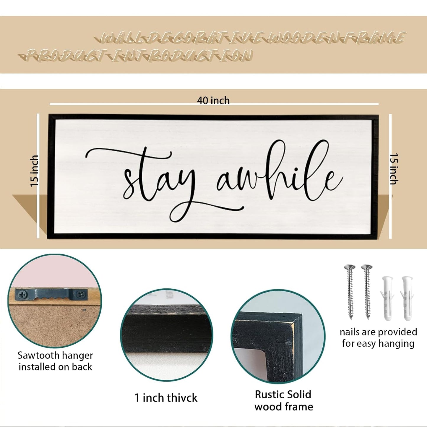 Stay AWhile Sign Wall Decor Sign 40"X15" Large Living Room Entryway Wood Framed Rustic Wall Decor for Vintage Farmhouse Foyer Hanging Lets Stay Home Wall Art (Black)