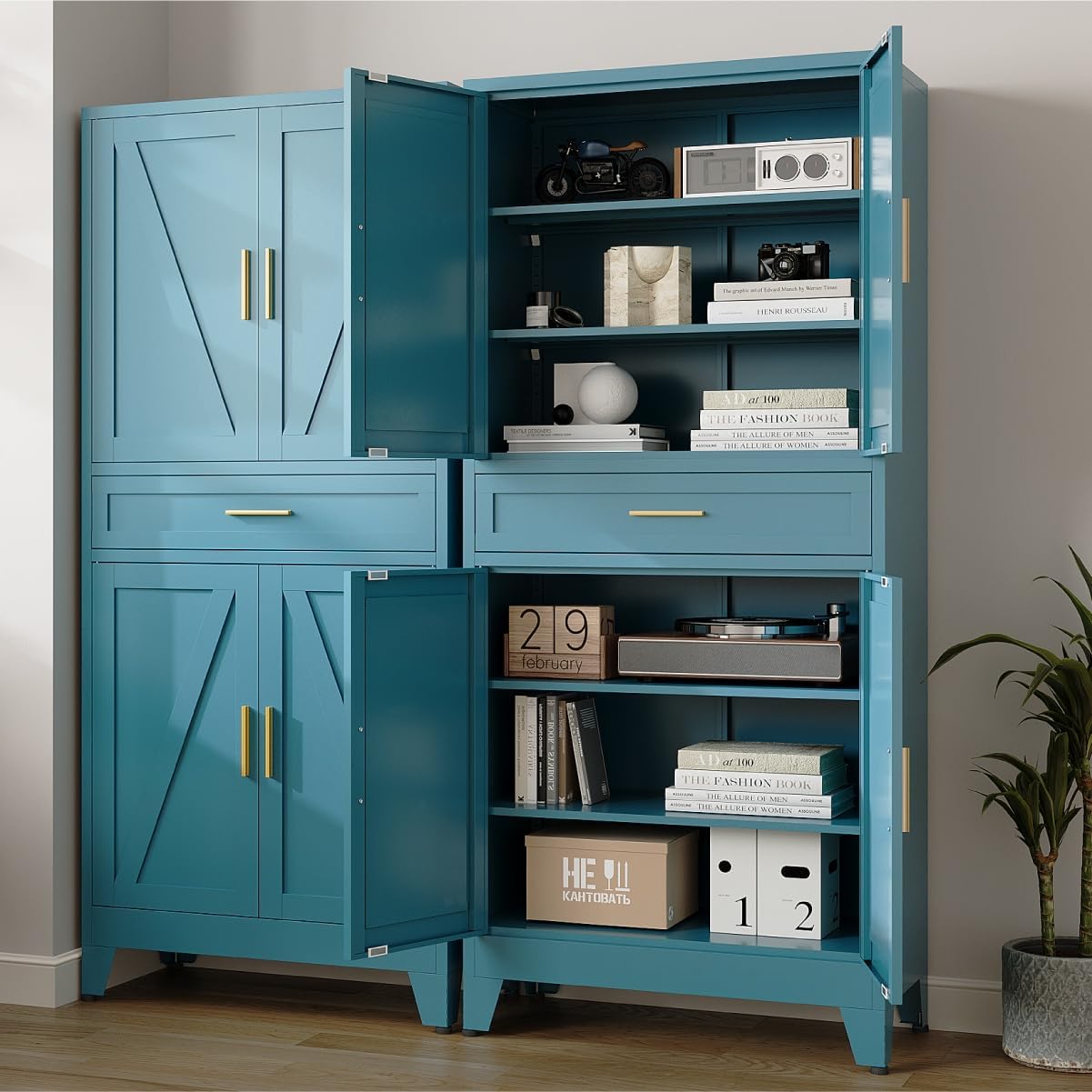 71 "Farmhouse Metal Filing Cabinet with a Drawer and 4 Adjustable Shelves, with 4 Large barn Door White Kitchen Cabinets, Metal Food Cabinets for Home, Kitchen, Dining/Living Room (Peacock Blue)