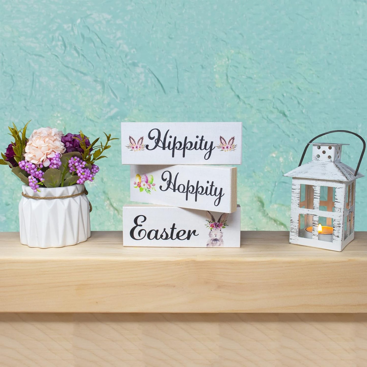 JennyGems Easter Bunny Decor 3pc Wooden Block Set, Tiered Tray, Wreath and Tabletop Decor for Easter Decorations
