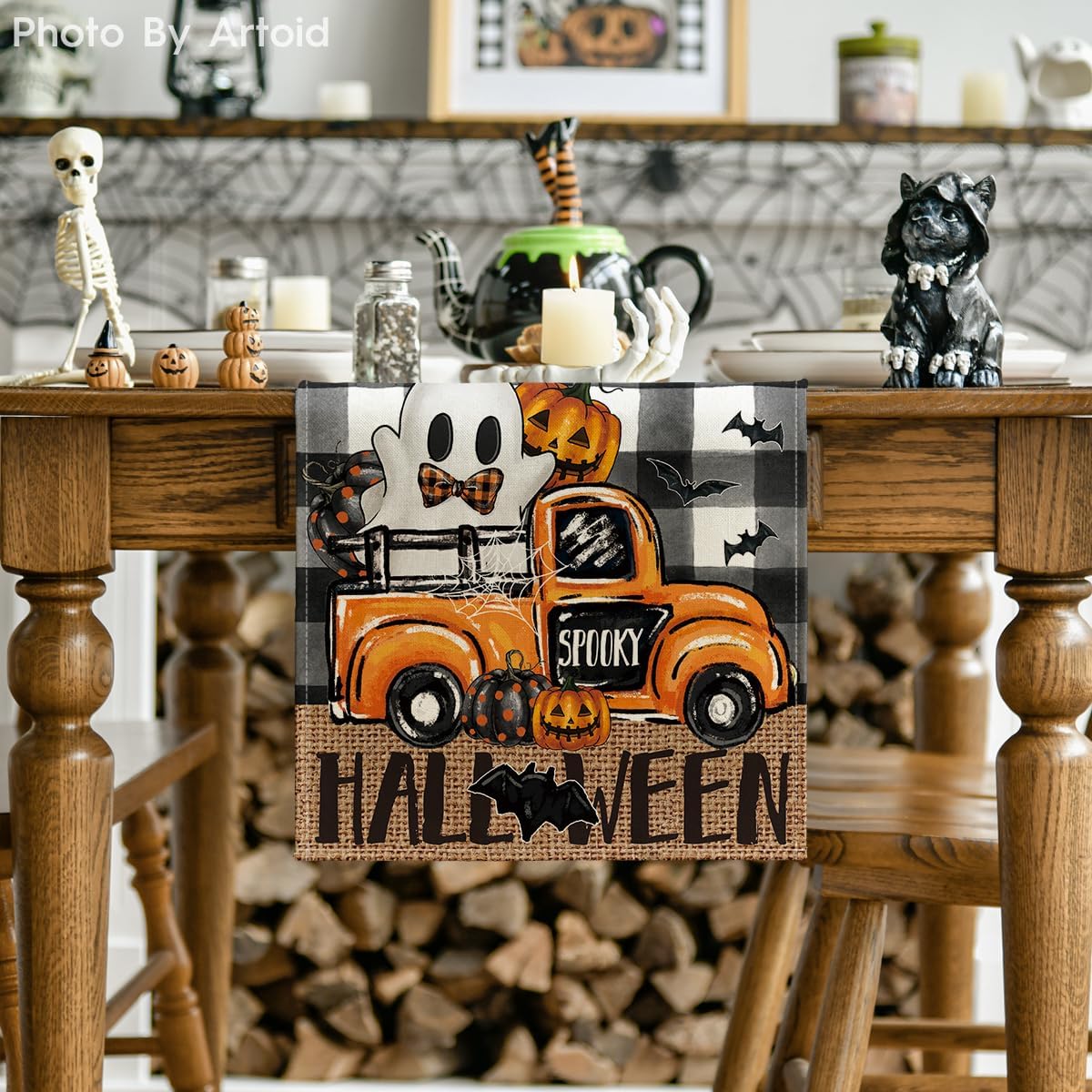 Artoid Mode Buffalo Plaid Bat Pumpkin Ghost Truck Spooky Halloween Table Runner, Sensonal Kitchen Dining Table Decoration for Home Party Decor 13x108 Inch