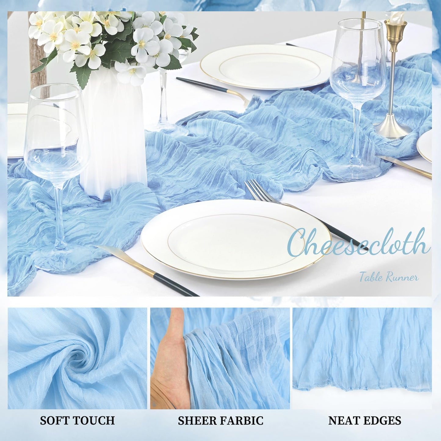 6 Pack Baby Blue Cheesecloth Table Runner 20 x 120 Inch Long Rustic Gauze Cheese Cloth Table Runner for Wedding 10FT Bridal Baby Shower Table Decorations Boho Fabric Sheer Birthday Party Table Decor