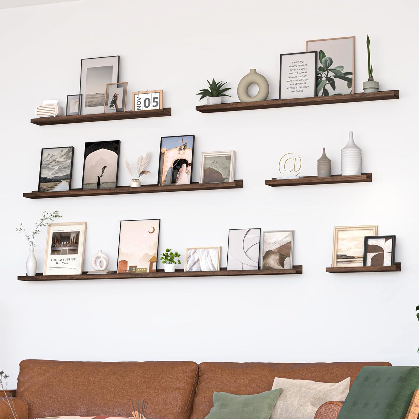 Heimlove Picture Ledge Shelf, Floating Shelves Set of 2, 72 Inches Long Large Picture Shelf for Wall with Ledge, Kids Bookshelf Wall Mounted for Living Room Bedroom Decor Books Photo Frames, Walnut