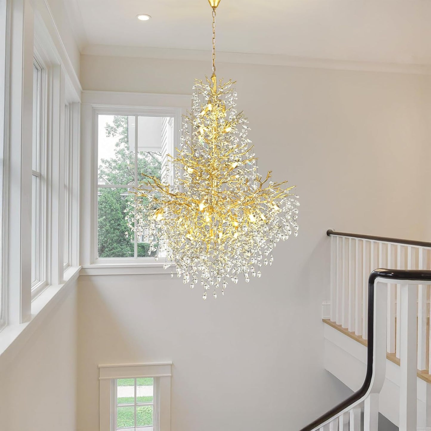 H65'' Gold Tree Branch Crystal High Ceilings Chandeliers, 27-Lights Modern K9 Crystal Staircase Chandeliers, D48'' Foyer Chandelier for High Ceiling, Luxury Large Living Room Chandelier