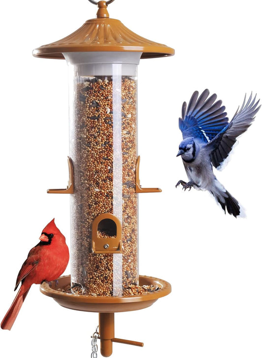 Vivace Hanging Bird Feeders, Easy to Fill 12" Tube Metal Bird Feeder for Outdoors, 4 Ports, with S Hook