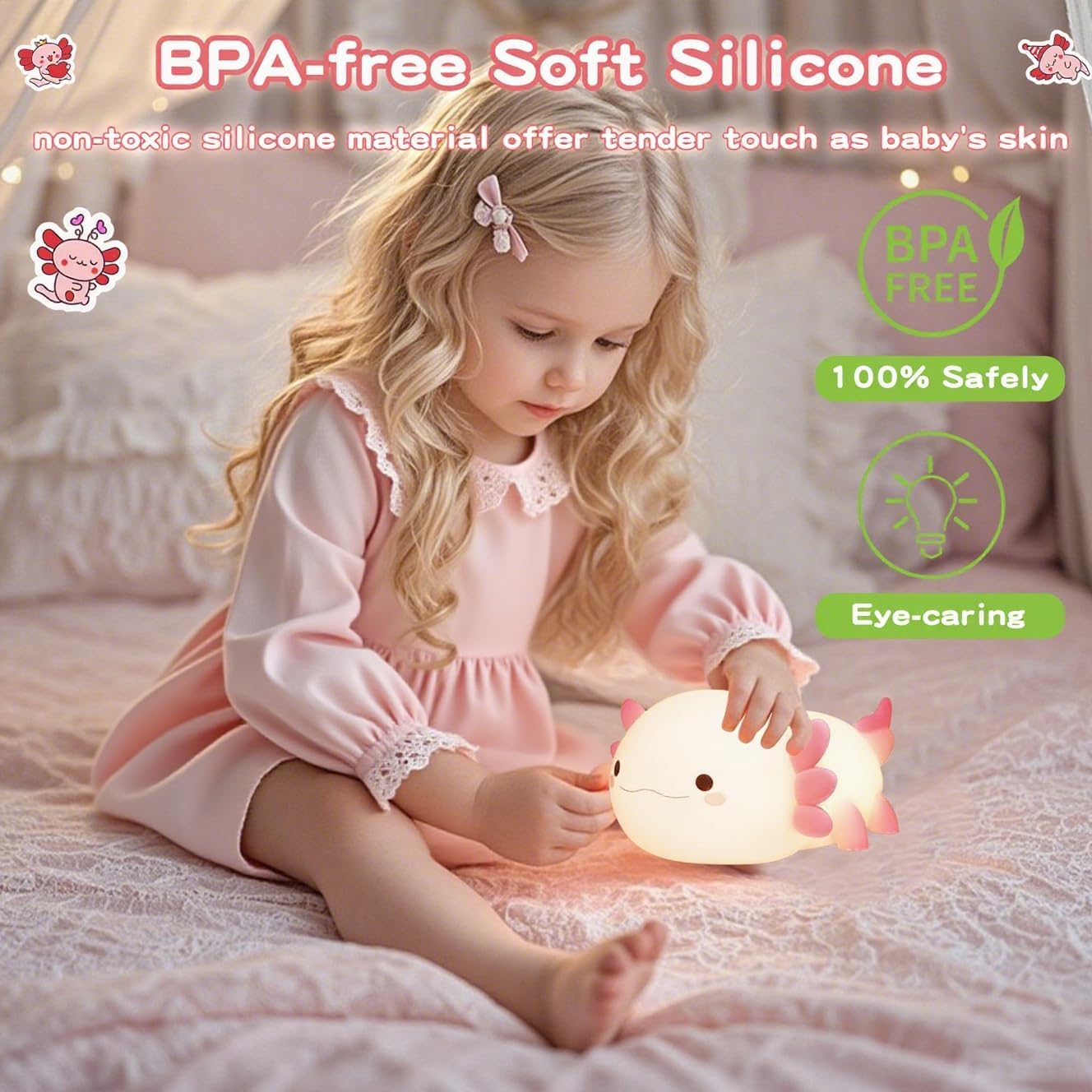 Axolotl Lamp,Cute Axolotl Night Light,Dimmable Silicone Animal Nursery Night Light,Adorable Rechargeable Squishy Novelty Bedside Touch Lamp,Baby Room Decor, Axolotl Gifts for Kids/Girls