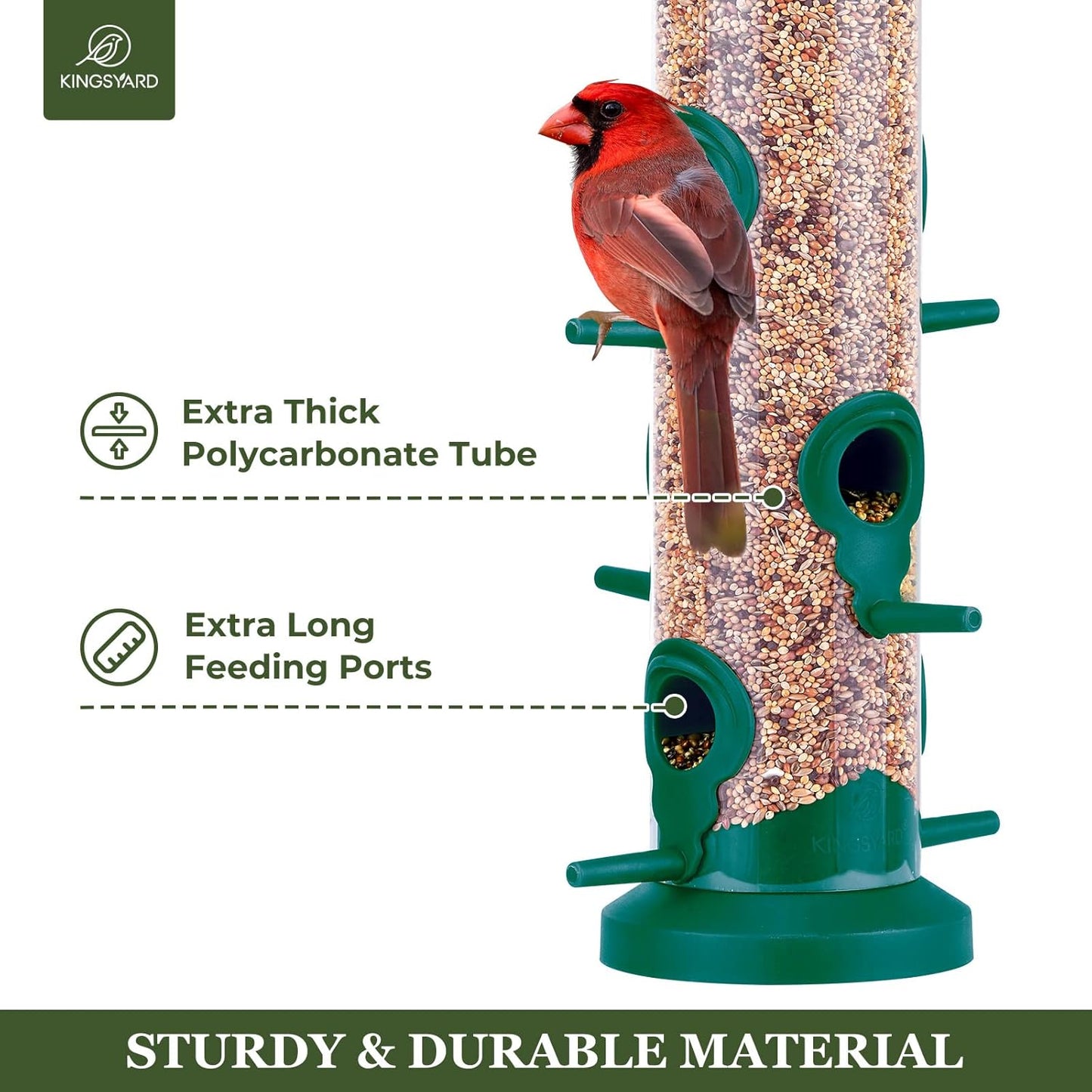 Kingsyard 2 Pack Tube Bird Feeders for Outdoors Hanging, Premium Hard Plastic Bird Feeder with 6 Feeding Ports, Weatherproof & Steel Hanger, Attracting for Wild Birds (Green)