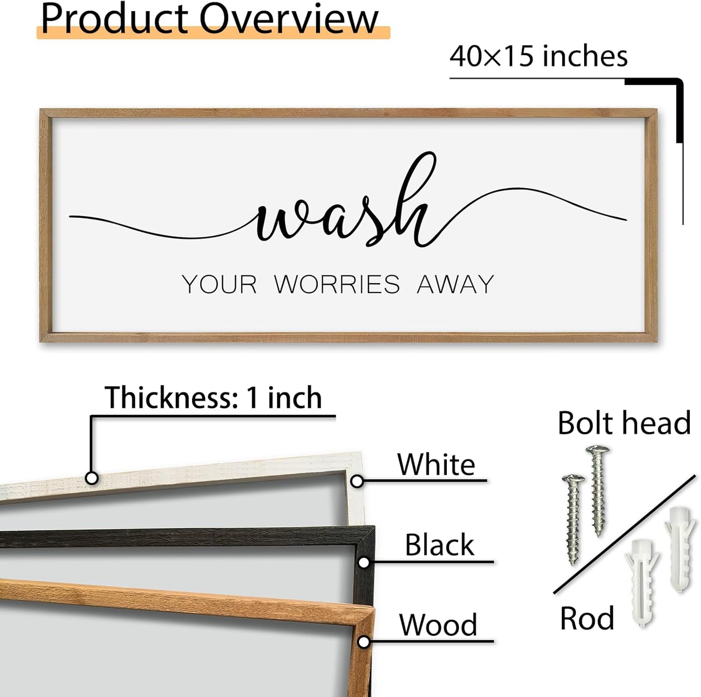 SRSZHIYUE Wash Your Worries Away Bathroom Sign Wall Art 40"x15" Funny Restroom Toilet Large Wood Framed Hanging Decor (Wood)