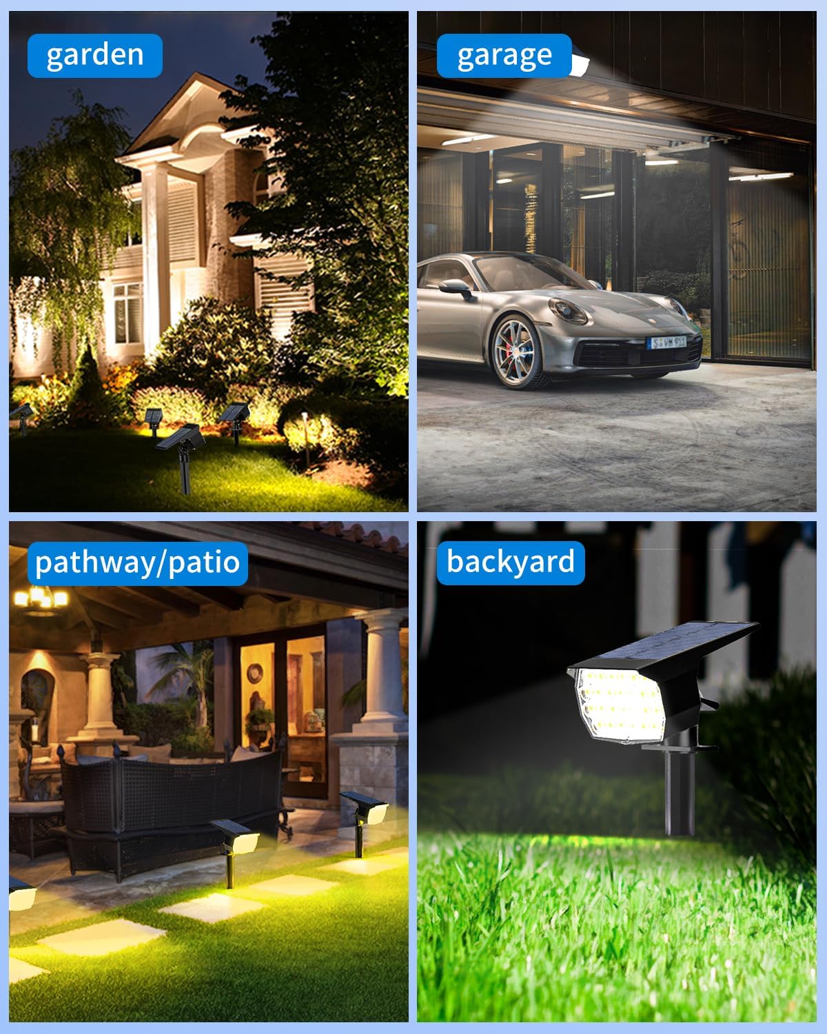 3 Colors Solar Lights Outdoor Waterproof IP65 Outdoor Spot Lights for Yard 52 LEDs 600LM Solar Powered Landscape Spotlights Solar Security Wall Lights for Garden Pathway Outside- 10 Pack