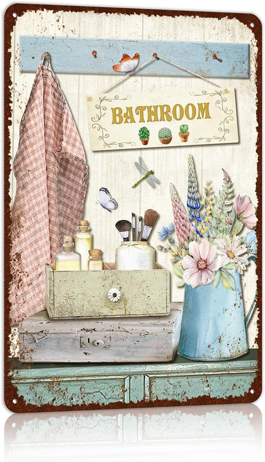 Vintage Farmhouse Bathroom Metal Tin Signs Rustic Flower Country Wall Art Decor 8X12 Inches