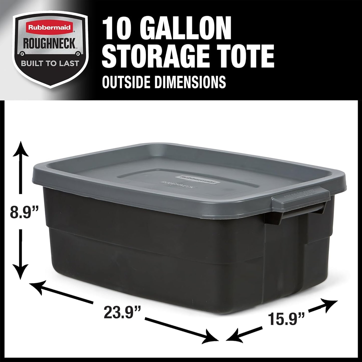 Rubbermaid Roughneck Tote 10 Gal, 6 Pack, Made in USA, Black & Gray, Rugged Plastic Stackable Storage Bins with Lids and Handles