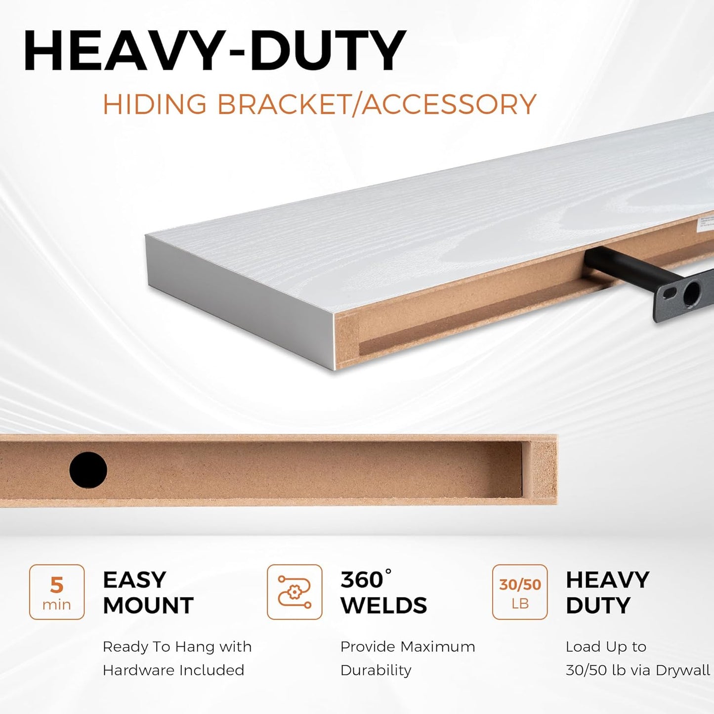 White Floating Shelves for Wall, 48 Inch Floating Shelves for Home Decor, Wall Mounted Rustic Wood Shelves, Bathroom, Hanging Deep Shelf for Bedroom, Living Room, Kitchen, 2 Packs