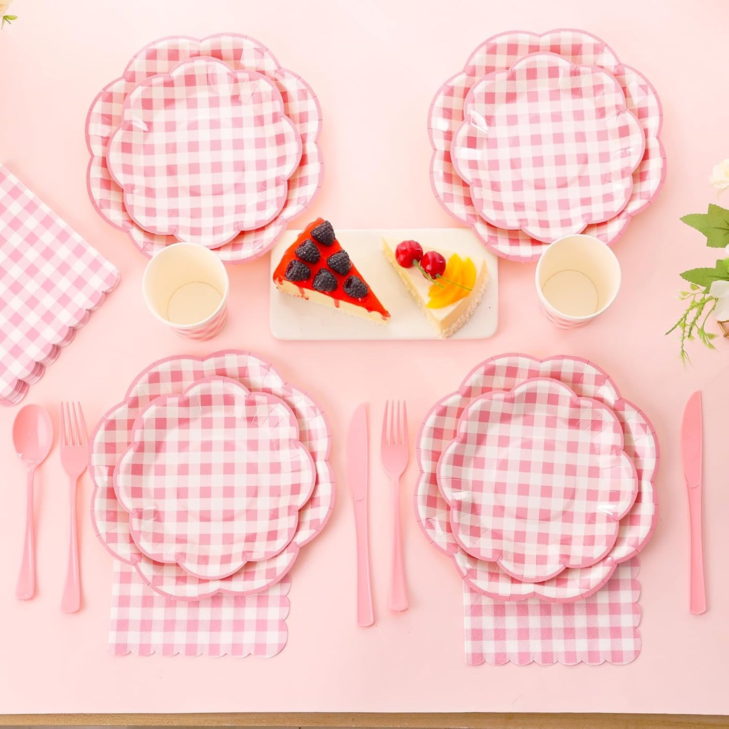 175 Pcs Pink Gingham Plates and Napkins Party Supplies - Pink and White Checkered Plates Sets Serve 25 Guests - Scalloped Gingham Paper Plate for Birthday Wedding Picnic Party Decorations