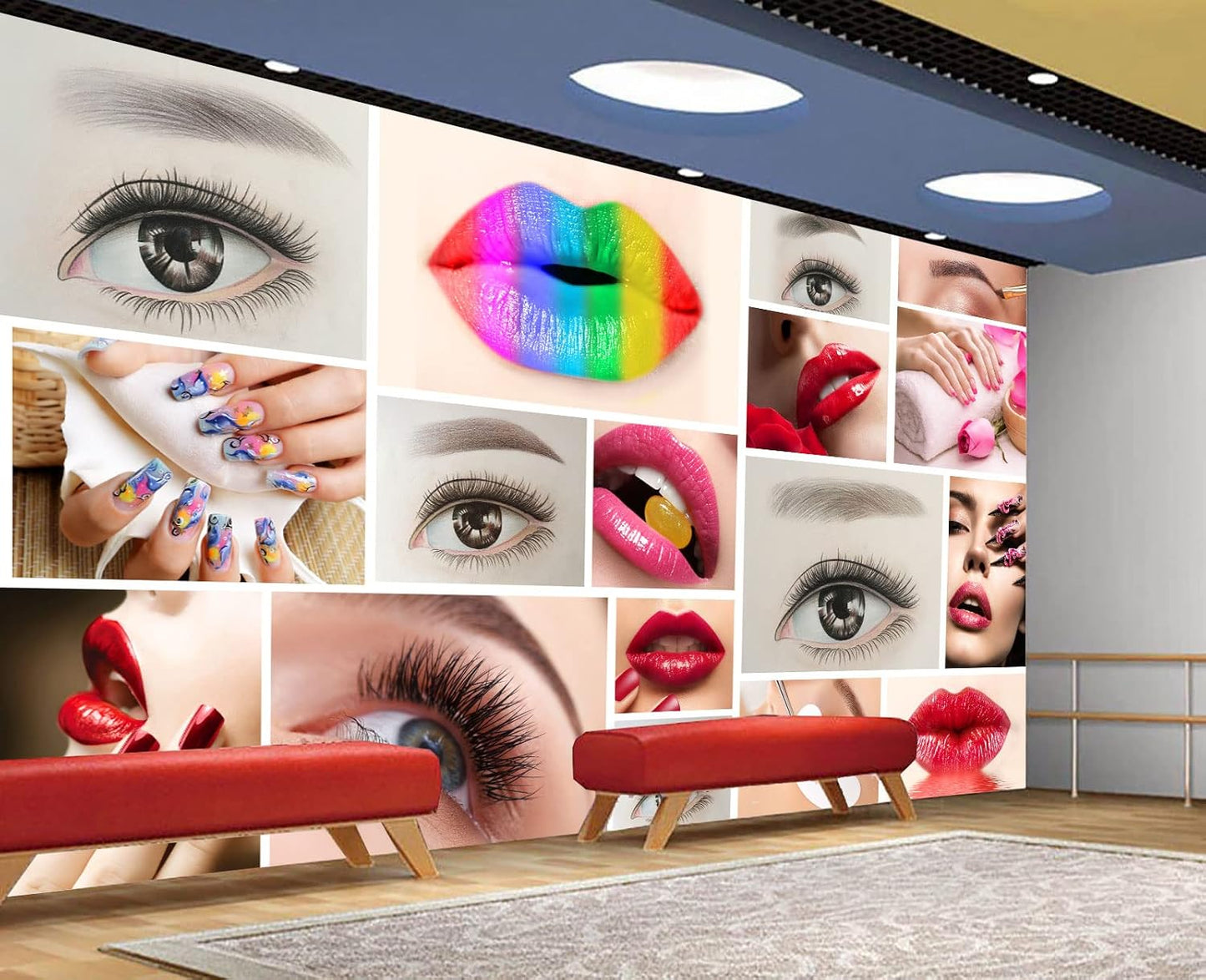 Beauty Salon Nail Enhancement Lipstick Eyelashes Wall Mural Wallpaper 103" x 69"