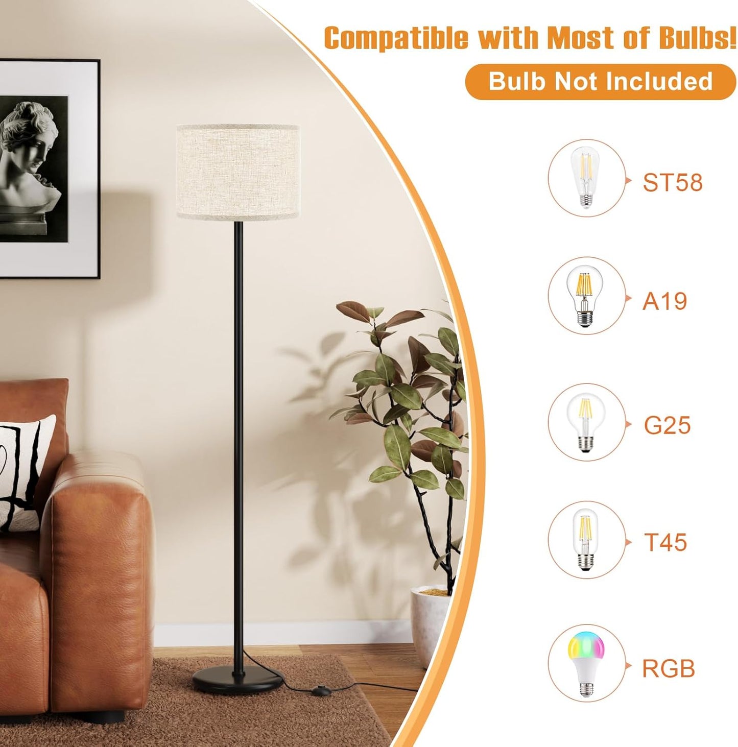 Ambimall 60'' Modern Floor Lamp Set of 2, 2PK Tall Lamps for Living Room Bedroom, Beige Shade with Black Pole(Without Bulb)