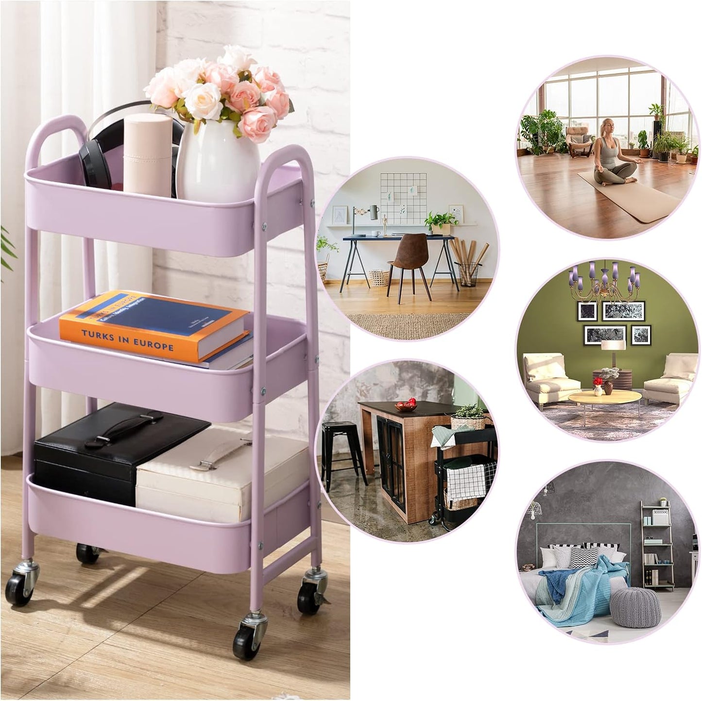 AGTEK Makeup Cart, Movable Rolling Organizer Cart, 3 Tier Metal Utility Cart with Lockable Wheels for Home & Office, Purple