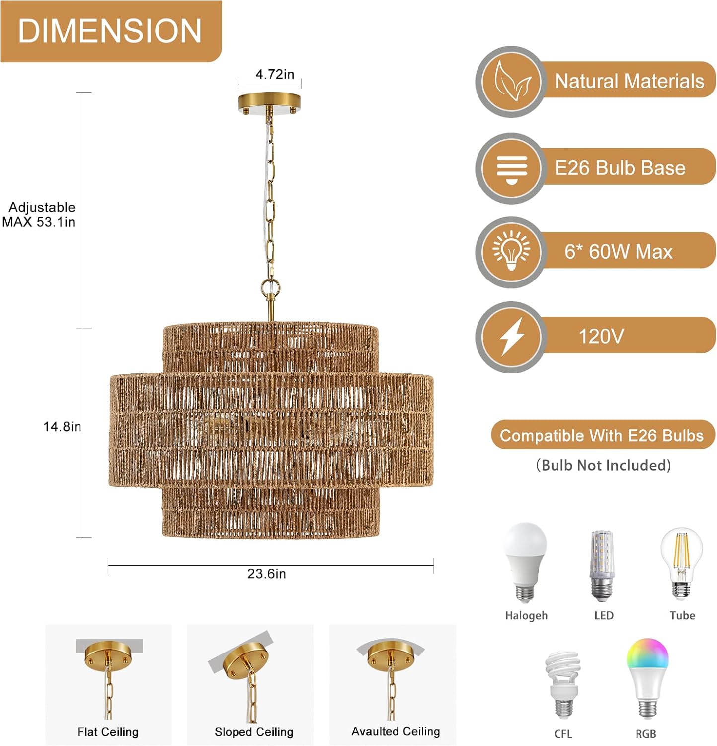 23.6" Rattan Chandelier Light Fixture 6-Light Vintage Farmhouse Hand-Woven Boho Bamboo Rattan Chandelier 3-Tier Drum Wicker Gold Chandeliers for Dining Room, Kitchen, Living Room