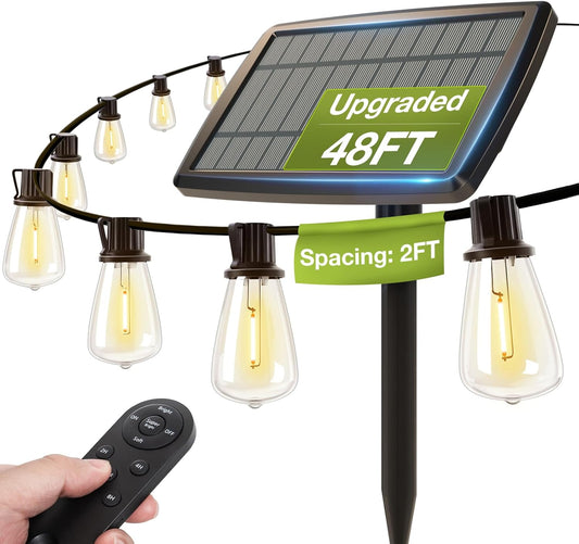 addlon 54(48+6) FT Solar String Lights Waterproof,Patio Lights Solar Powered with Remote& USB Port 24+2 LED Shatterproof Bulbs 3 Lighting Modes Outdoor Lights for Camping Backyard Garden