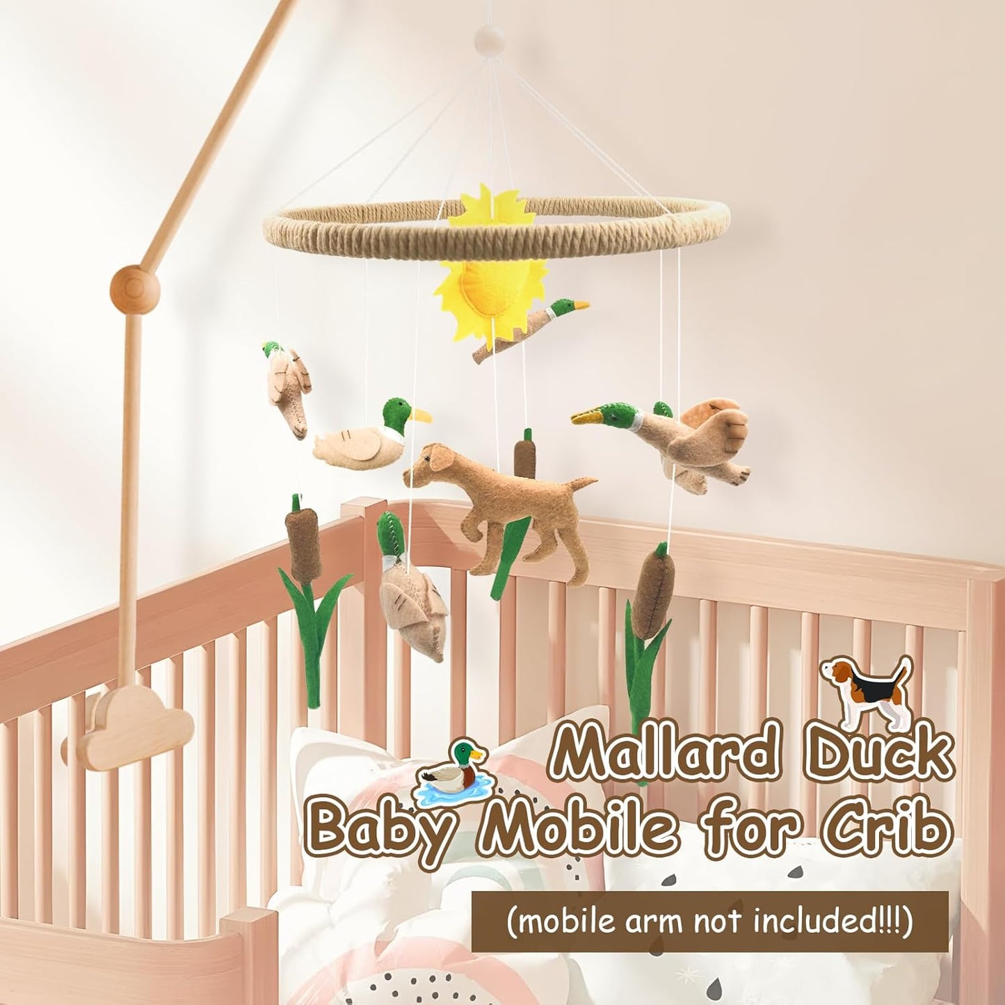 Baby Mobile for Crib Mallard Duck Baby Crib Mobile for Boys Girls Handmade Felt Dog Nursery Decor Duck Hunting Decor Infant Toddler Room Hanging for Bassinet Gender Neutral Newborn Gift