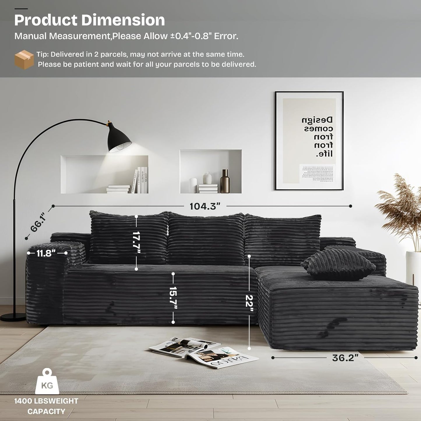 104" Modern Modular L-Shape Sofa Couch with Chaise Grey Faux Rabbit Fur Cloud Sectional Couch with Deep Seat Modular Sectional Sofa No Assembly Required Upholstered Couches for Living Room Bedroom