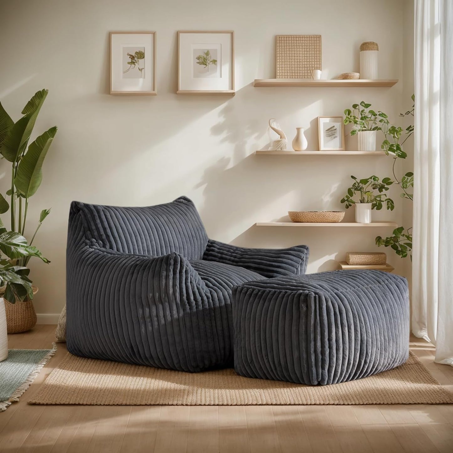 Giant Bean Bag Chairs for Adults, Oversized Chaise Lounge Chair Indoor with Memory Foam - Plush Boneless Lounger & Ottoman for Bedroom, Living Room, Gaming & Reading, Lazy Floor Sofa Chair, Gray