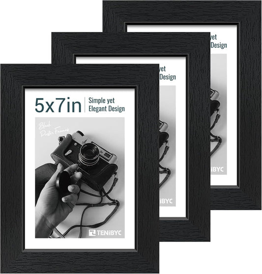 5x7 Picture Frame 3 Pack - Black Woodgrain, Solid Wood & HD Tempered Glass, Table Display or Wall Hanging
