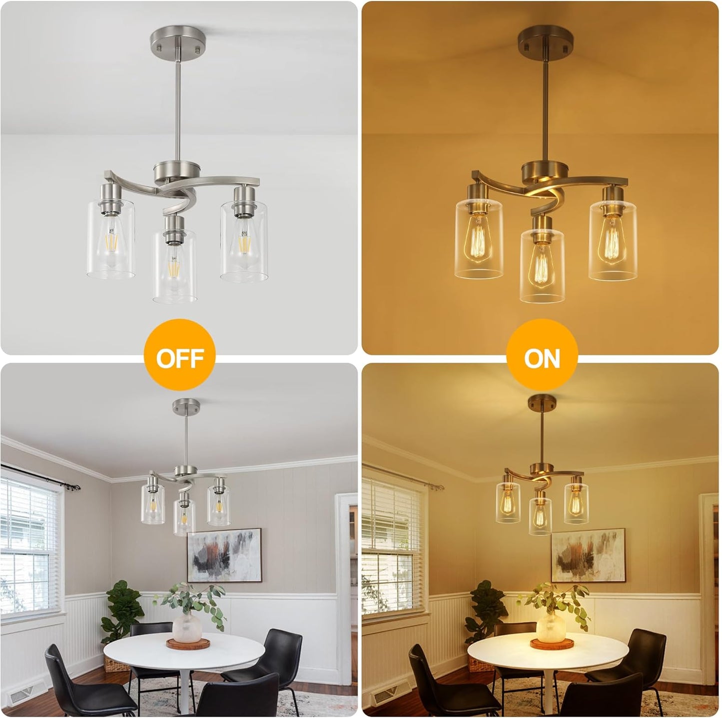 3-Light Brushed Nickel Pendant Lighting for Kitchen Island, Hanging Dining Room Light Fixtures Over Table, Industrial Chandelier for Entryway Hallway Foyer Bedroom, Clear Glass Shade