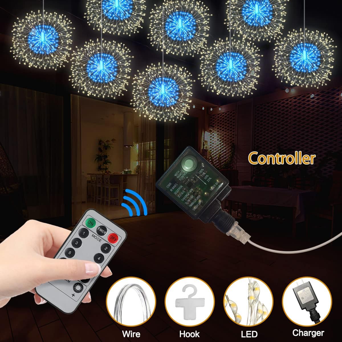 8 Pack Firework Lights 180 Led Copper Wire with 8 Models Power Supply Remote Control Waterproof Outdoor Hanging for Decor Garden Party Christmas