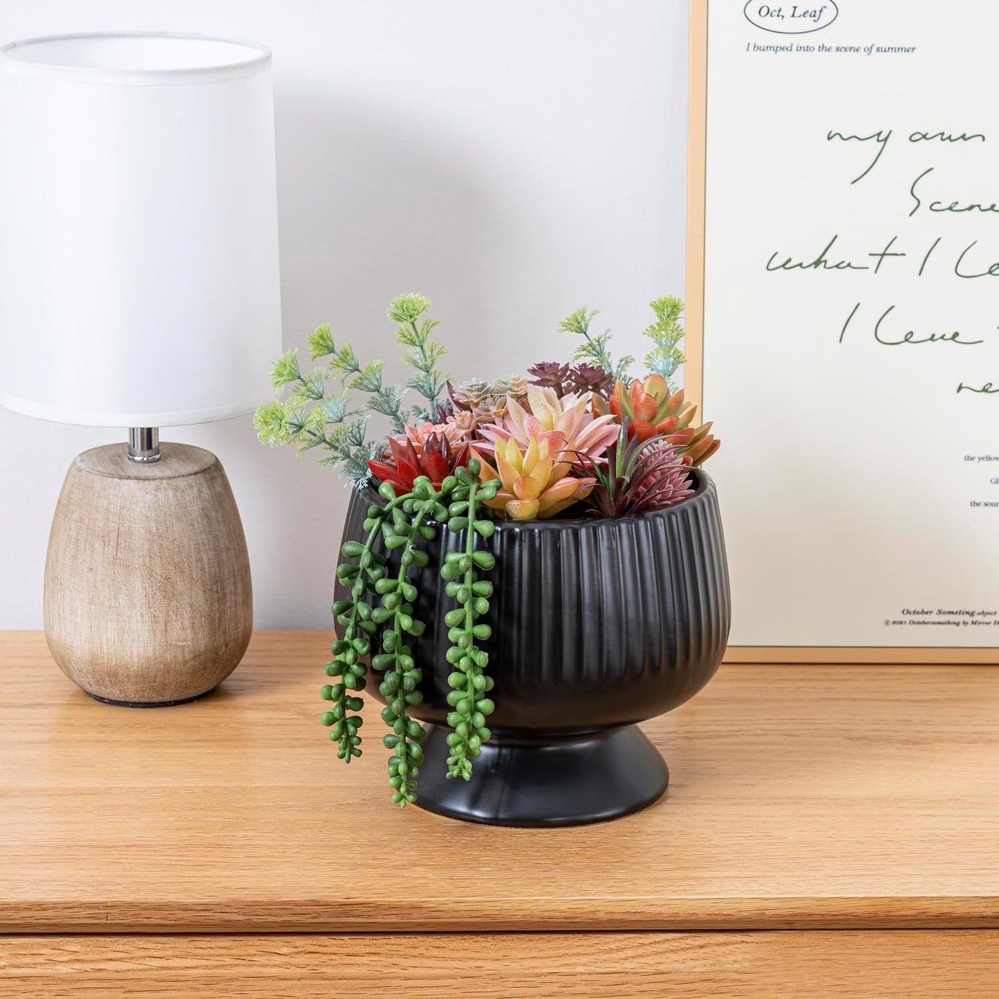 MyGift 10 Inch Modern Artificial Succulent Arrangement Potted in Matte Black Ribbed Ceramic Round Planter, Decorative Plant Pot with Assorted Faux Mini Succulents