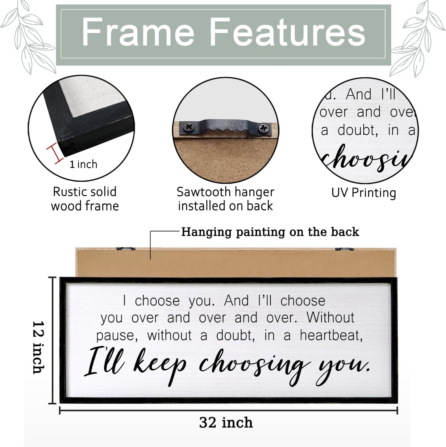 I Choose You Sign Wall Decor Art Above Bed 32X12 Inch I Love You Romantic Wood Framed for Master Bedroom Over Bed I'll Keep Choosing You Sign (Black)